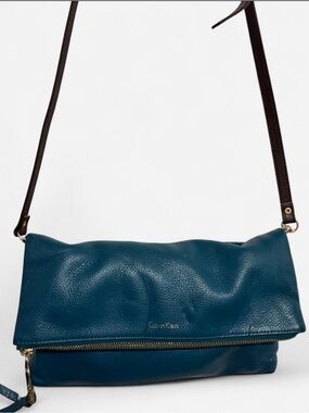 Calvin Klein Samira Teal Leather Fold-Over Crossbody Bag